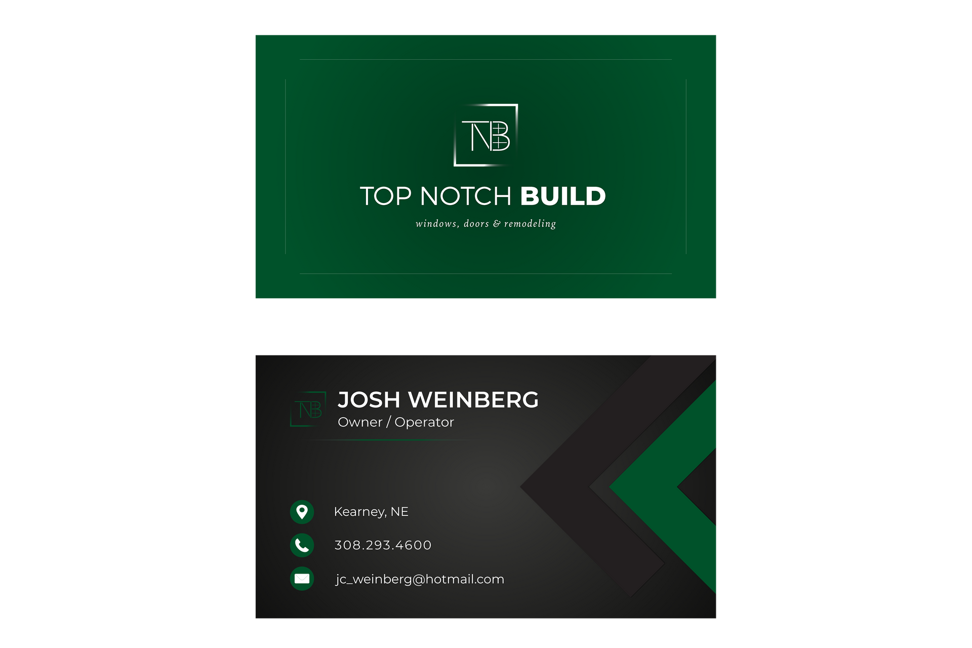 Business card design for Top Notch Build, green and black with logo and contact information.