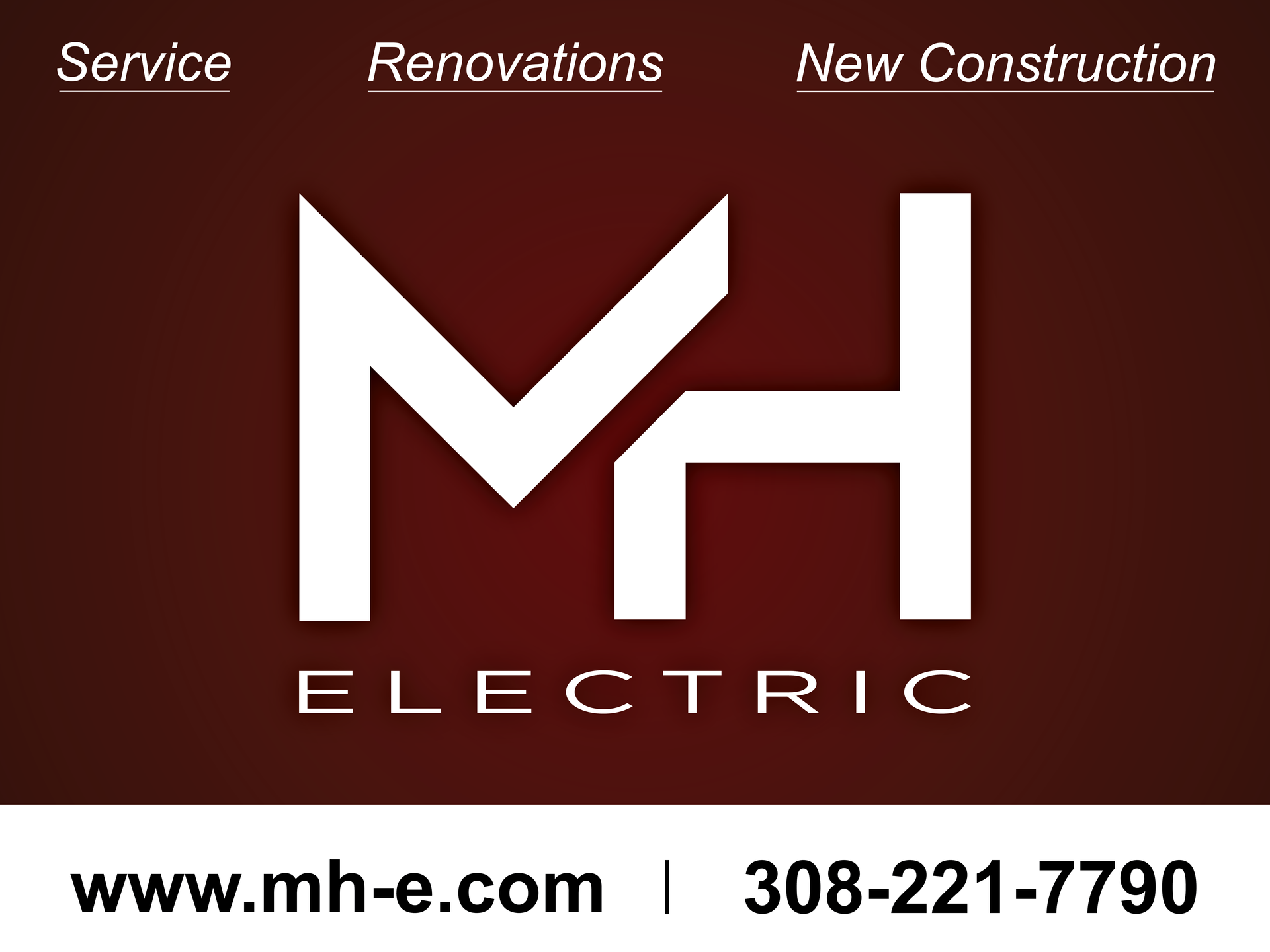 MH Electric logo with service options and contact info.