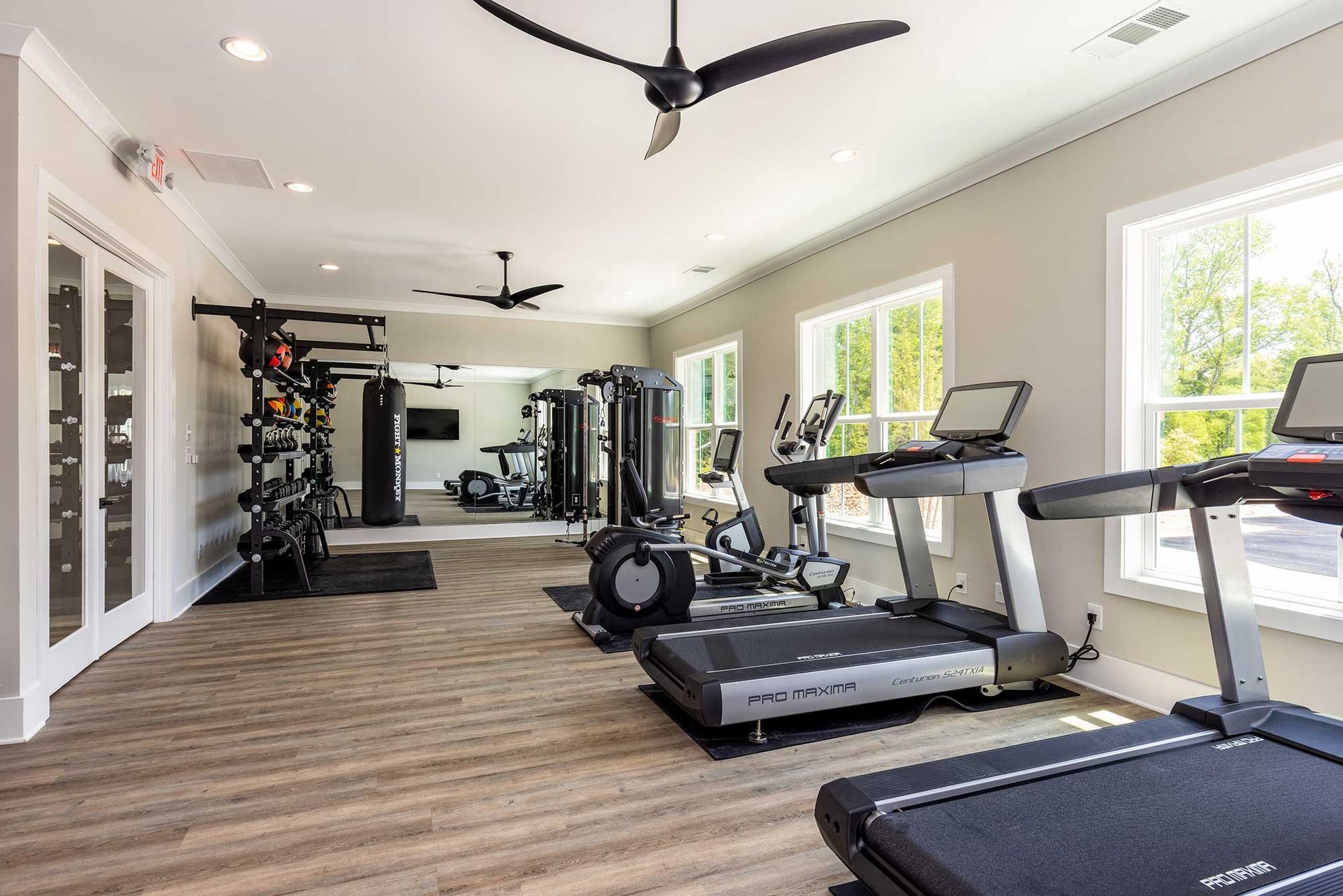 Bright home gym with treadmills, weight equipment, mirrors, and large windows