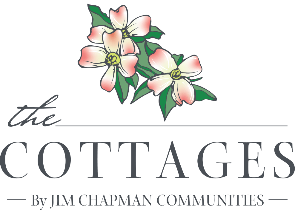 The Cottages logo with pink flowers and the text “By Jim Chapman Communities”