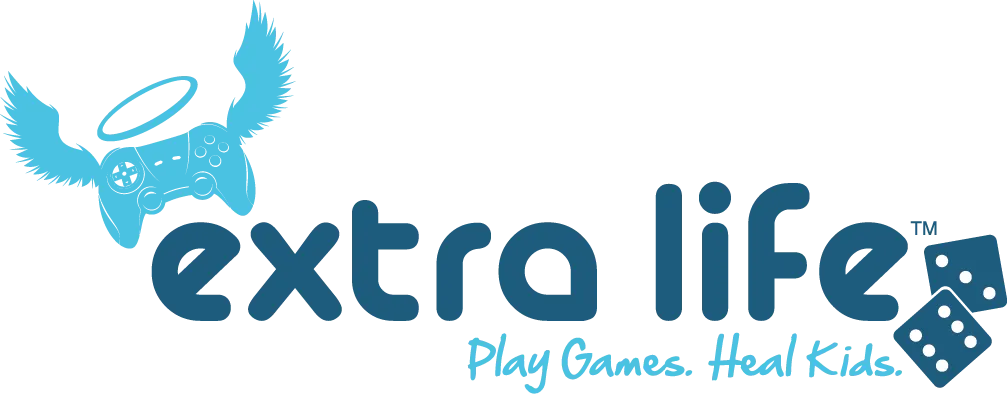 Extra Life logo with blue winged game controller and slogan “Play Games. Heal Kids.”