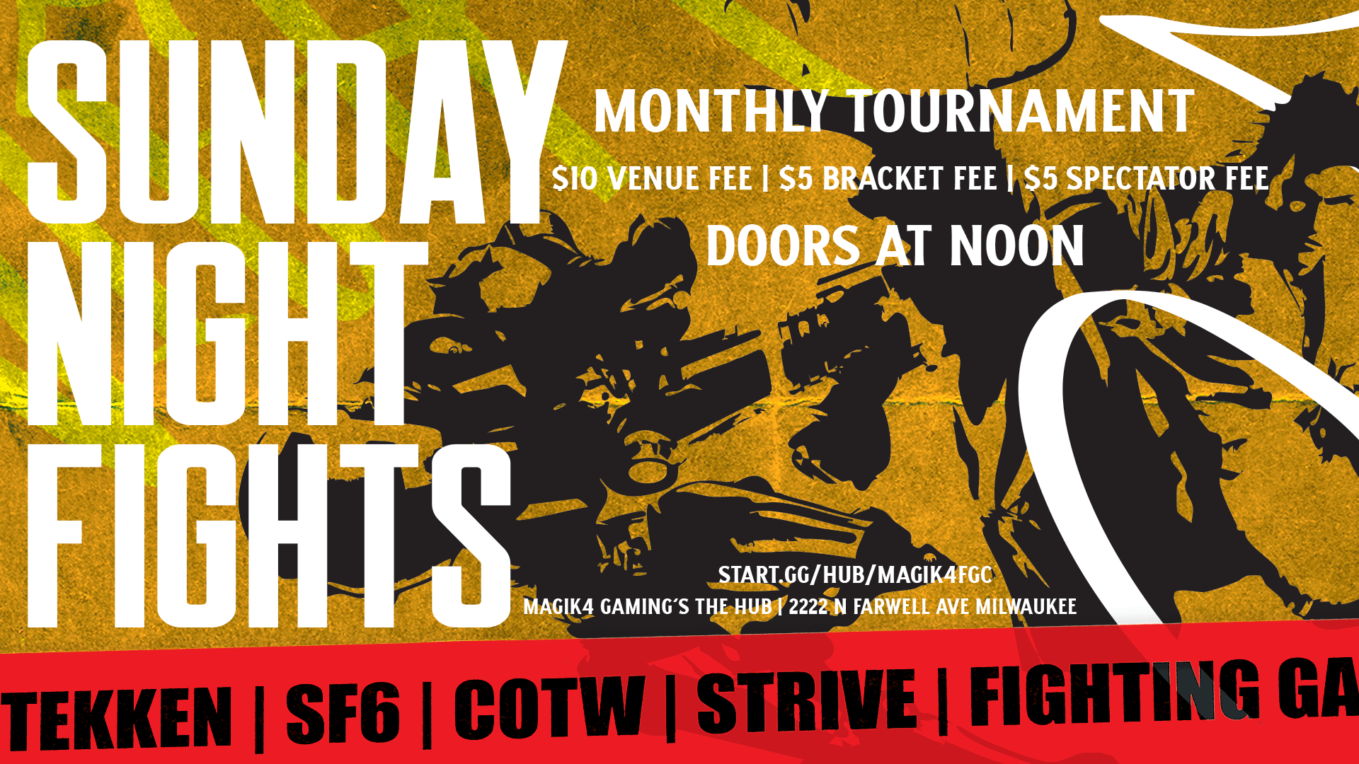Sunset-toned poster for “Sunday Night Fights” monthly tournament with fighters, venue details, and game titles