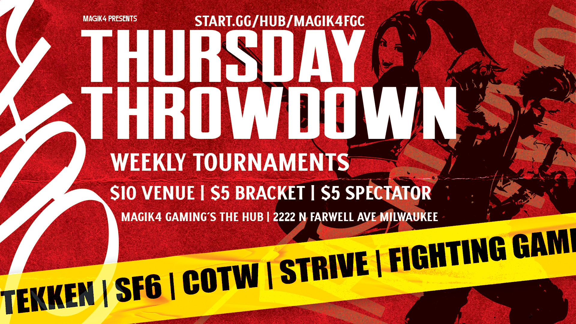 Red and white Thursday Throwdown weekly tournaments poster for fighting games at Start.gg/HUB/MakaiFight