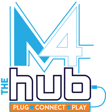 M4 The Hub logo in blue, white, and orange with “plug connect play” tagline