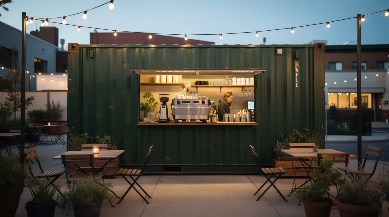 Outdoor café in a green shipping container with warm lights, string lights, and empty tables at dusk