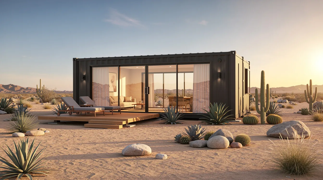 Modern tiny house in a desert landscape at sunset, with large glass doors and cacti nearby