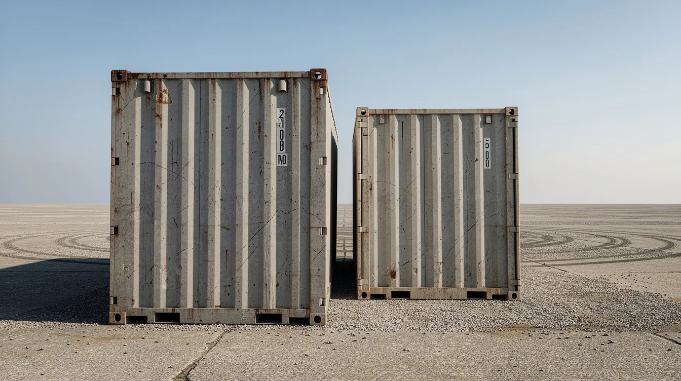 Two weathered shipping containers standing on a barren desert plain under a clear sky