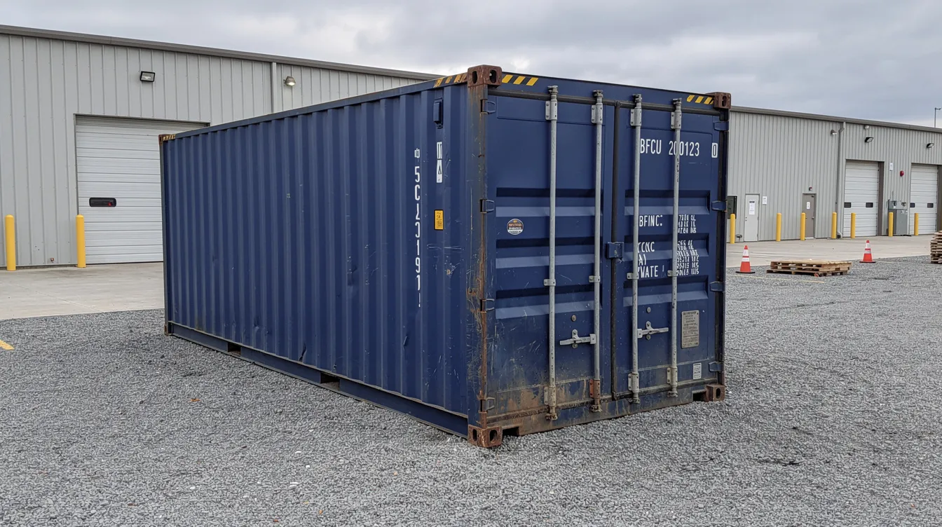 Blue shipping container on gravel outside a warehouse building