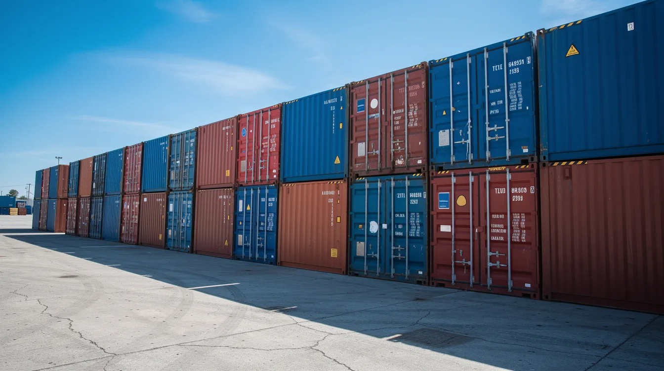 A row of blue and red shipping containers is stacked two high at an outdoor storage depot, basking i