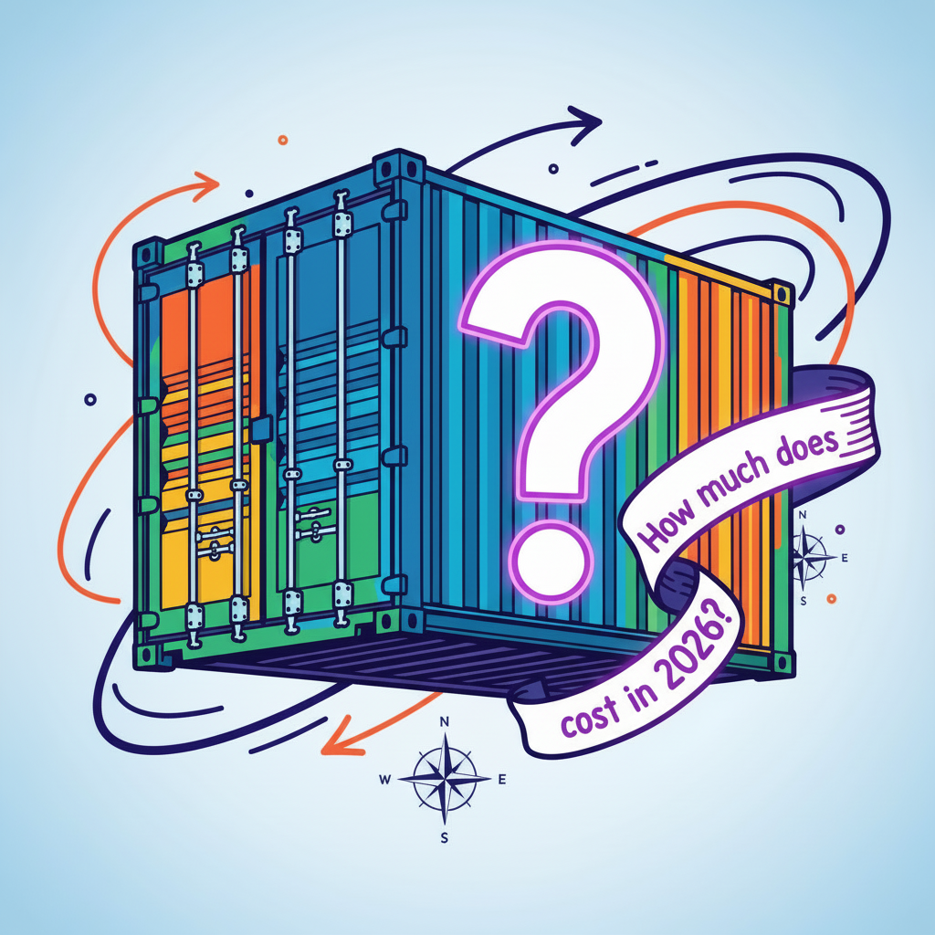 Colorful shipping container with a large question mark and “How much does it cost in 2026” text.