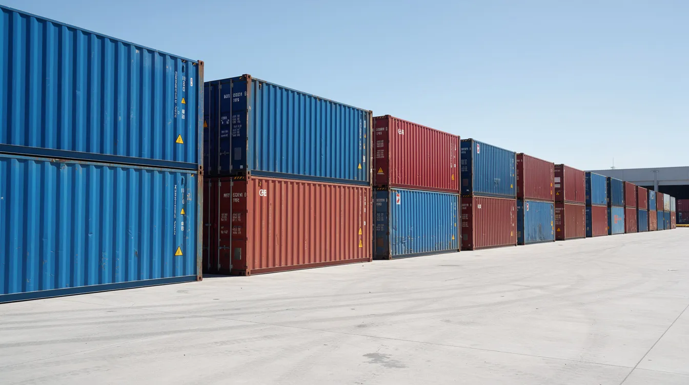 Rows of blue and red shipping containers lined up in a bright industrial yard