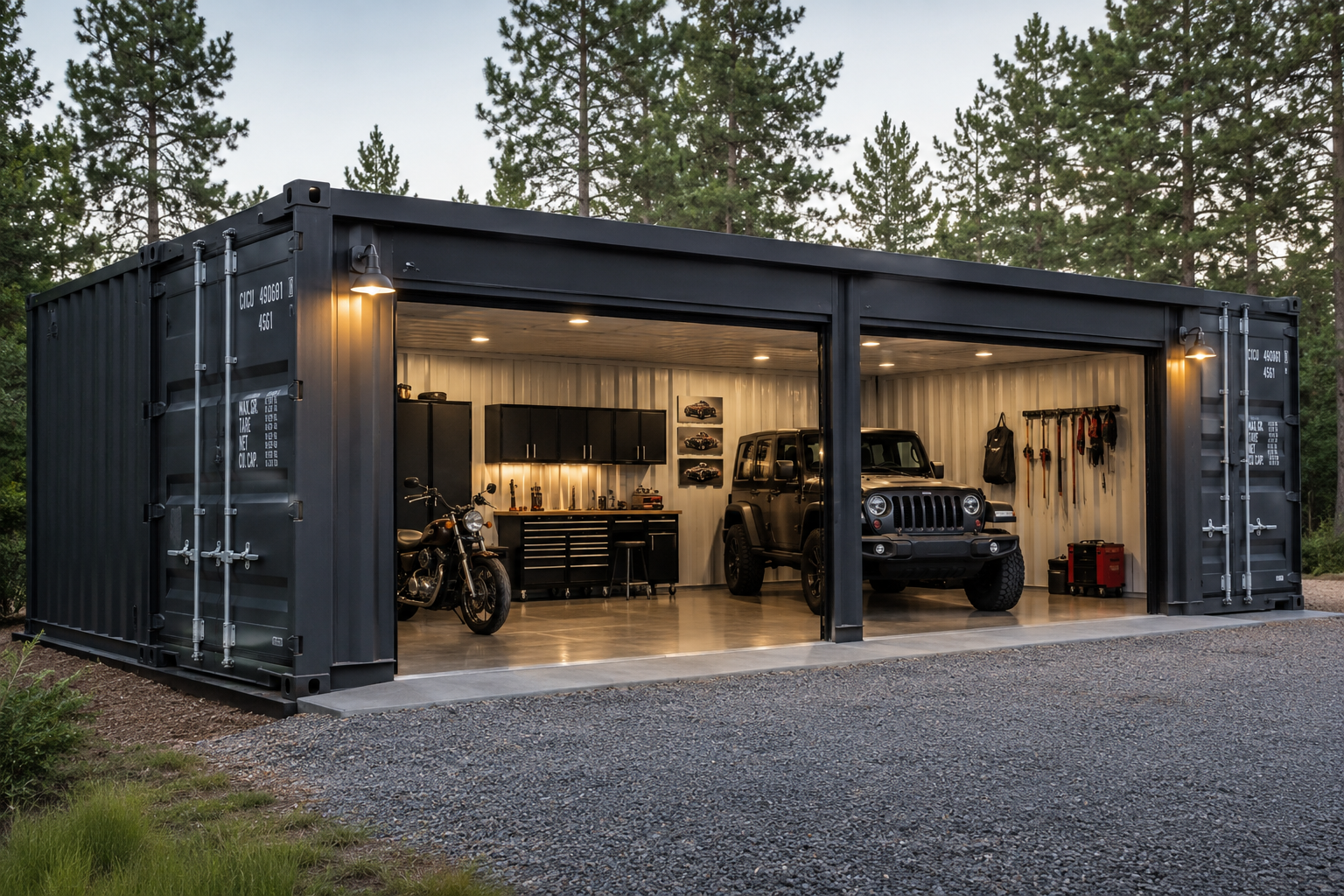 Open shipping-container garage with motorcycles, a car, and warm interior lights at dusk