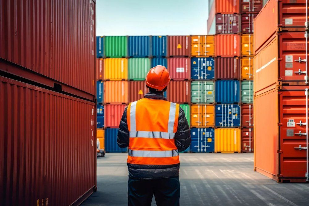 Inspector walking through shipping container yard
