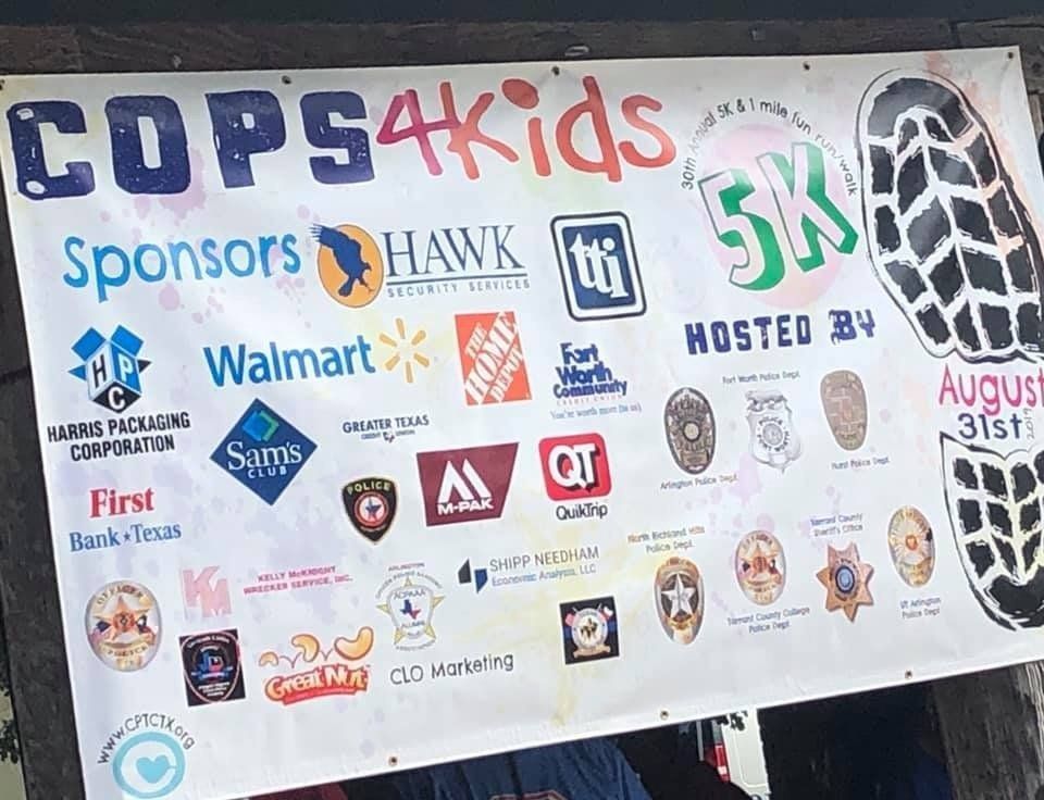 Banner for “Cops 4 Kids” 5K sponsors, with multiple logos and a tire graphic on the right.