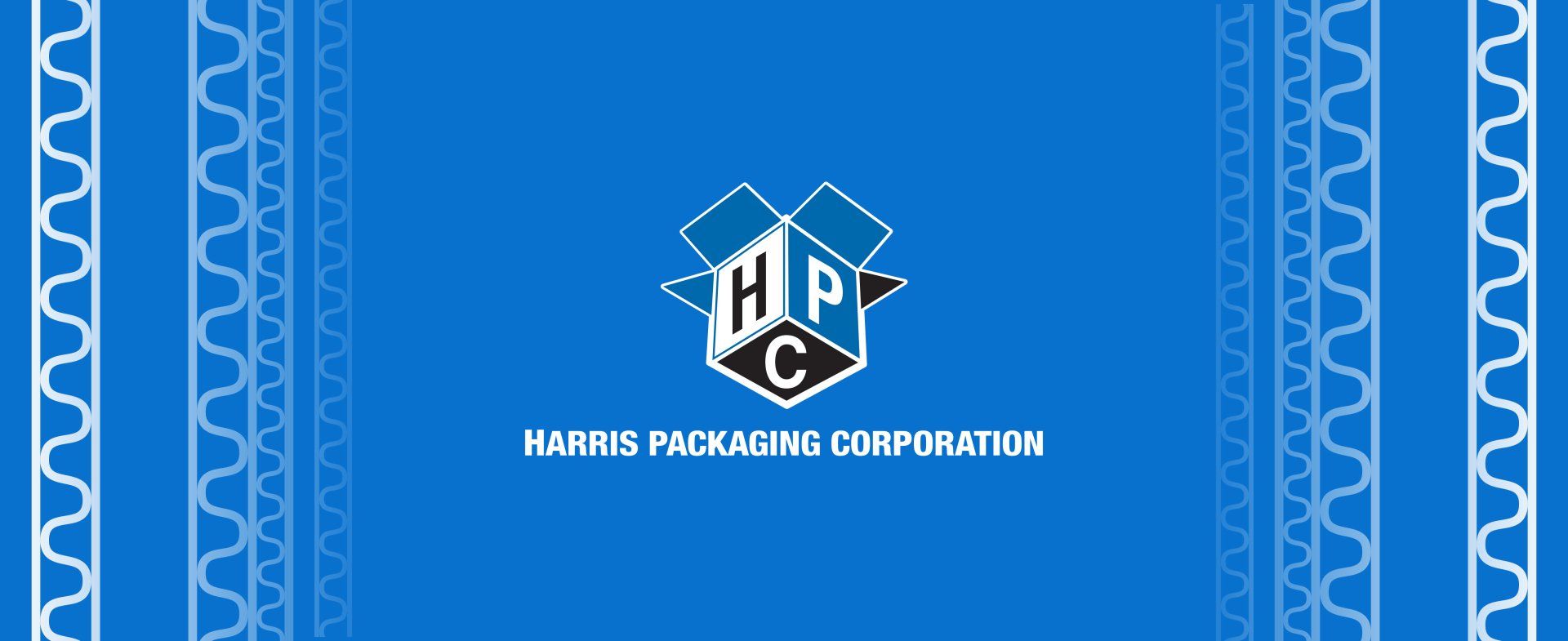 Blue Harris Packaging Corporation banner with HP logo and white decorative side borders