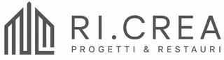 Logo con la scritta “RI.CREA PROGETTI & RESTAURI” in grigio e l’icona stilizzata di un edificio.