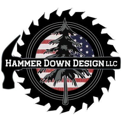 A logo for hammer down design llc with a hammer and a tree