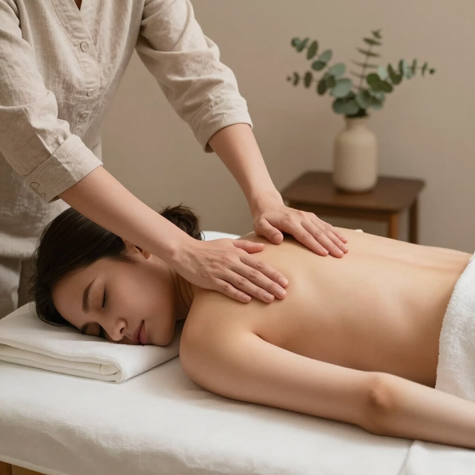 Spa massage with a person lying on a table, candles glowing, and a rolled towel by the head