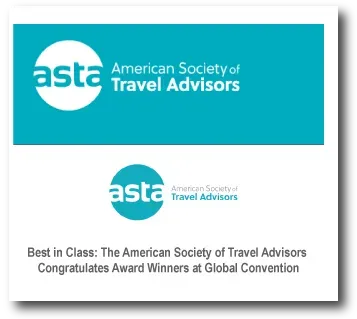 ASTA American Society of Travel Advisors award banner with teal logo and “Best in Class” text