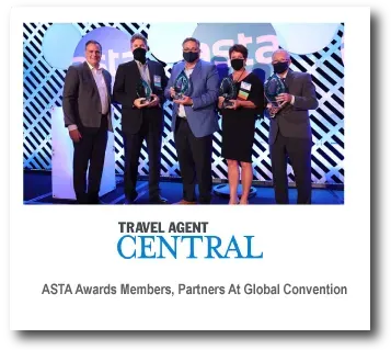 Five men on stage holding awards at ASTA Awards Members, Partners at Global Convention; Travel Agent Central logo below