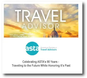 Travel Advisor magazine cover celebrating ASTA’s 90 years, with sunset skyline and ASTA logo