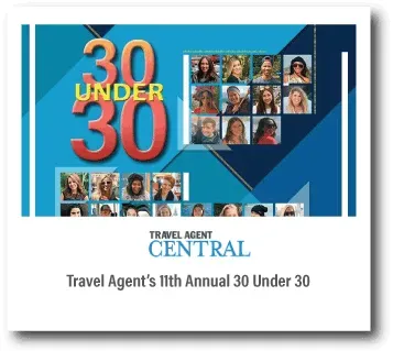 Travel Agent Central’s 11th Annual 30 Under 30 graphic with blue background and headshot collage