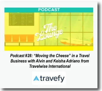 Podcast graphic for “The Lounge” featuring “Moving the Cheese” with Alvin and Keisha Adriano from Travelwise International