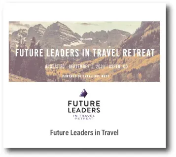 Future Leaders in Travel Retreat flyer with mountain background and logo on white background
