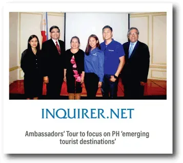 Six people posing at an event; banner reads INQUIRER.NET and “Ambassadors’ Tour to focus on PH emerging tourist destinations”