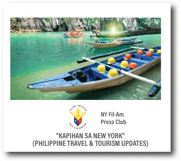 Turquoise lagoon with blue outrigger boats and yellow buoys; NY Fil-Am Press Club “Kapihan sa New York” travel update flyer
