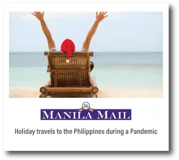 Person relaxing in a wicker chair on a beach under the Manila Mail title, with arms raised toward the sea.