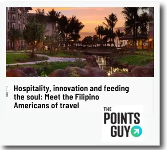 The Points Guy article cover: tropical resort at sunset with headline about Filipino American travel and hospitality