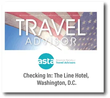Travel Advisor check-in card for The Line Hotel, Washington, D.C., with ASTA logo and star-spangled background
