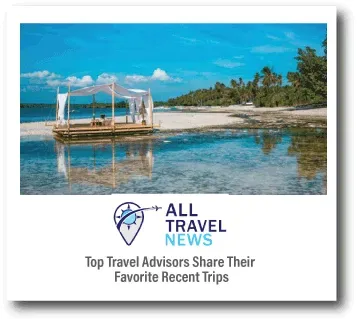 Beach scene with a white canopy boat on calm water, plus All Travel News logo and headline about favorite recent trips