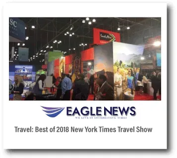 EAGLENEWS graphic for “Travel: Best of 2018 New York Times Travel Show” with crowded expo booth photo