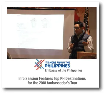 Speaker at embassy presentation beside projected slide for Philippines tourism info session