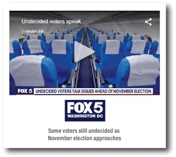 FOX 5 Washington DC graphic about undecided voters and November election issues, with empty blue seats and a play icon