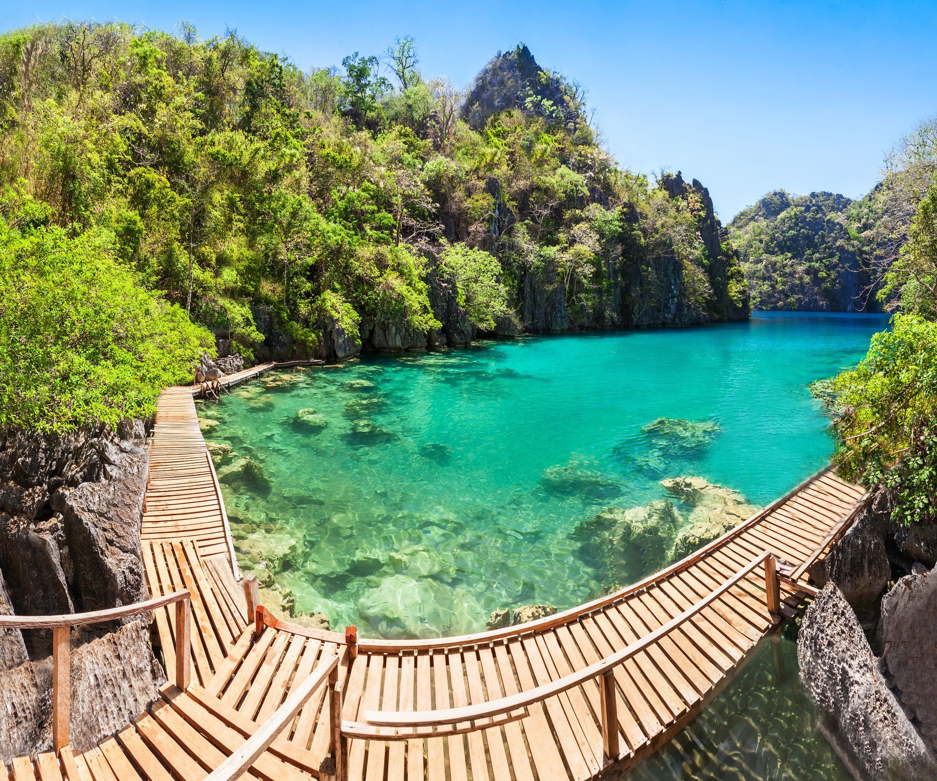 Wooden boardwalk overlooking a turquoise lagoon surrounded by lush green cliffs under a clear sky