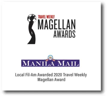 Travel Weekly Magellan Award logo with Manila Mail banner and “Local Fil-Am Awarded 2020 Travel Weekly Magellan Award” text