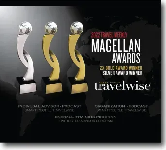 Travelwise Magellan Awards graphic with three gold-and-silver trophy statuettes on a dark background