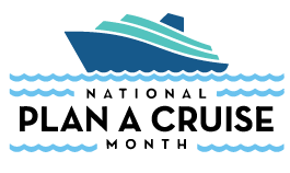 National Plan a Cruise Month logo with a blue cruise ship and wave accents