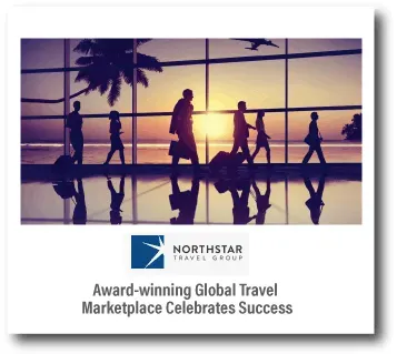 Silhouetted travelers walk by a sunset window; Northstar logo and headline about award-winning global travel marketplace success.