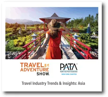 Travel Adventure Show and PATA graphic with traveler on red bridge over a lush garden, Asia travel trends subtitle