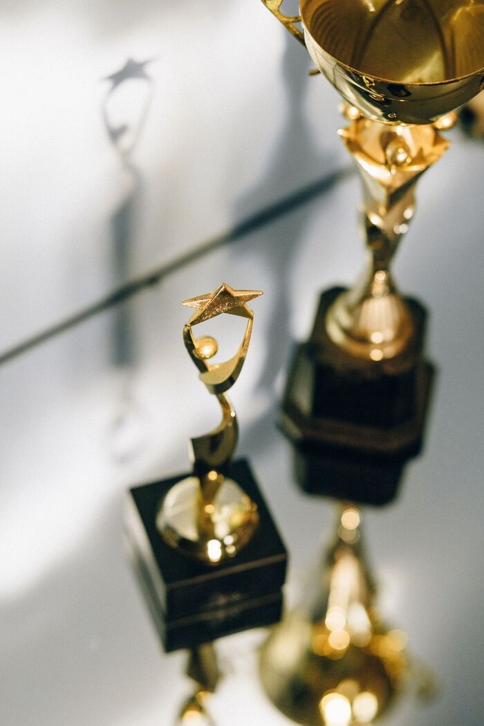 Two gold trophies on black bases on a reflective surface, with blurred reflections in the background