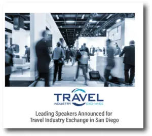 Travel Industry Exchange announcement with blurred trade show attendees and the TRAVEL Industry logo.