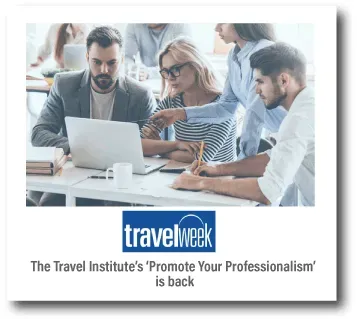 Travelweek promo showing three coworkers collaborating around a laptop in a bright office