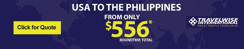 Travel ad banner: USA to the Philippines from only $556, with a yellow “Click for Quote” button.