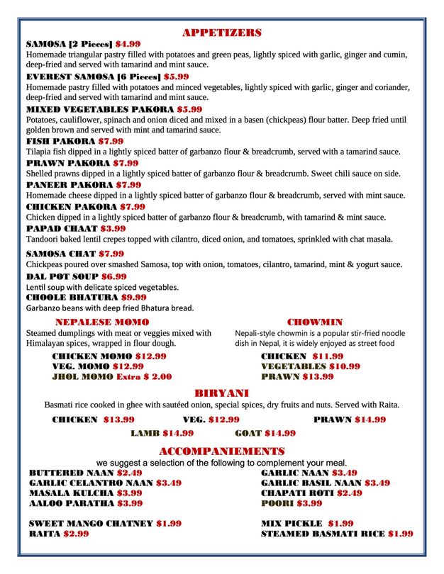 Menu - Appetizers, Biryani, and Accompaniments