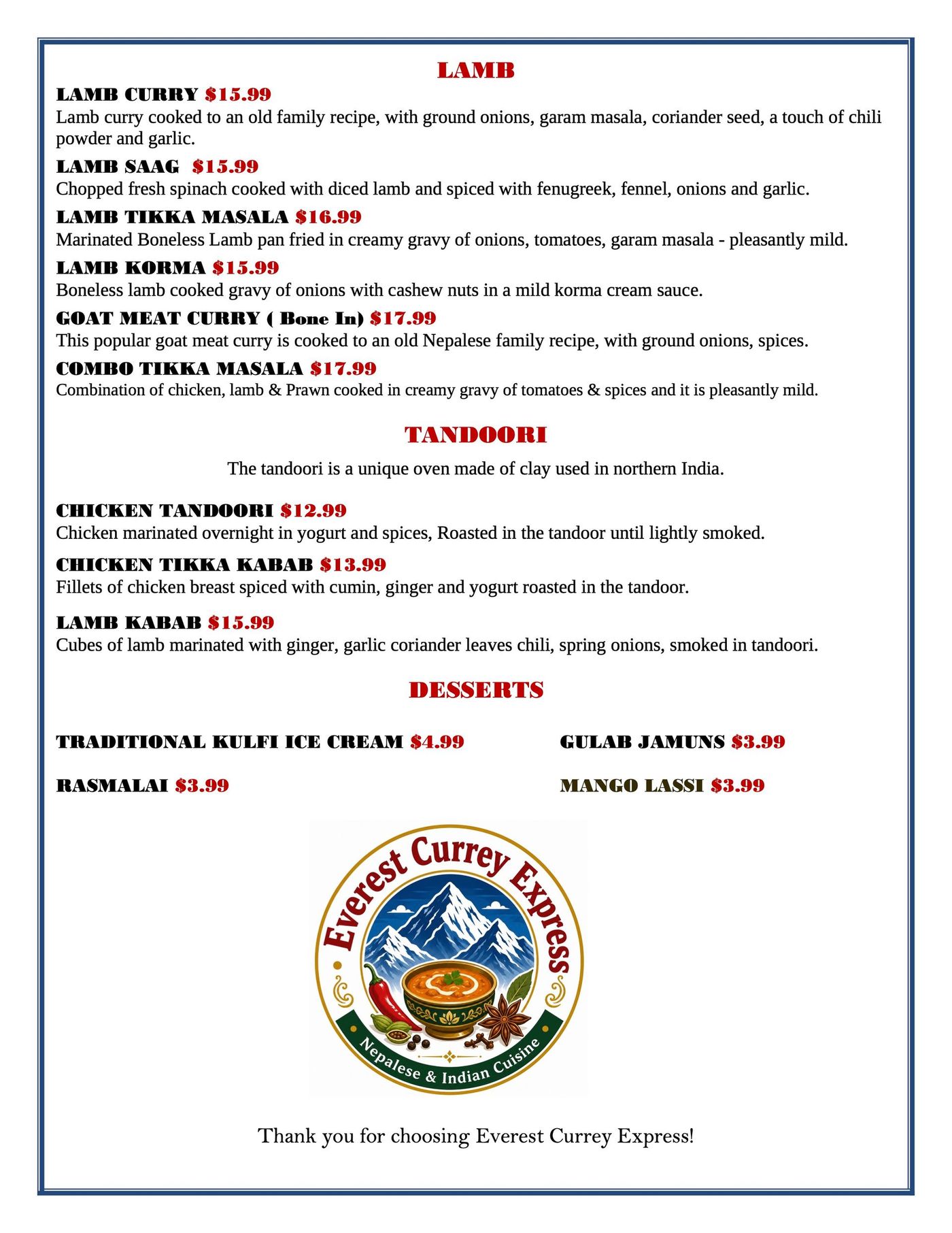 Menu - Lamb and Tandoori Dishes