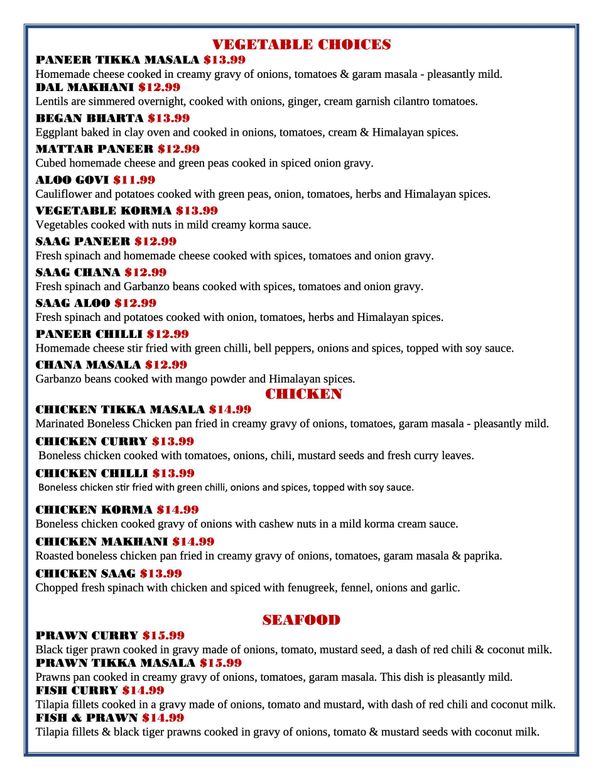 Menu - Vegetarian, Chicken and Seafood Dishes